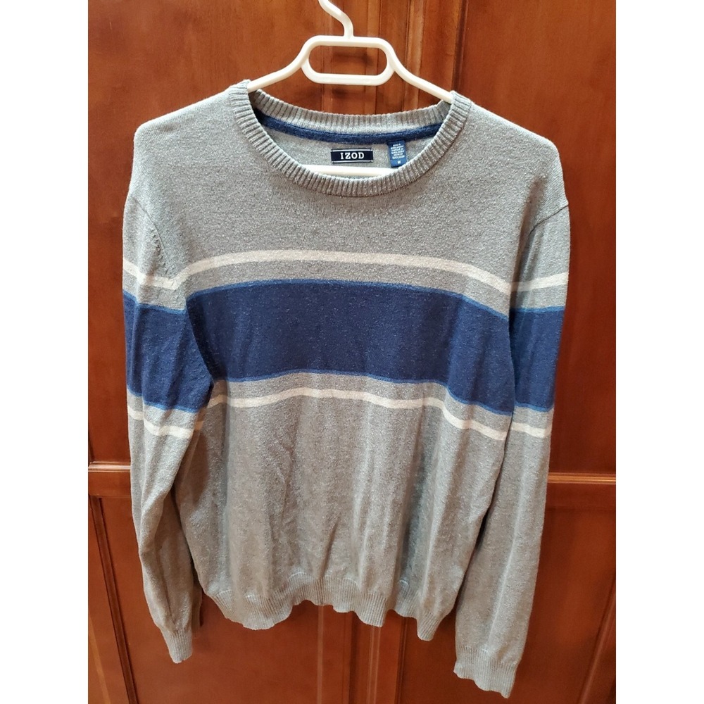 IZOD Mens‎ Knit Colorblock Crew Neck Sweater - Lt Gray/Blue/White - Medium